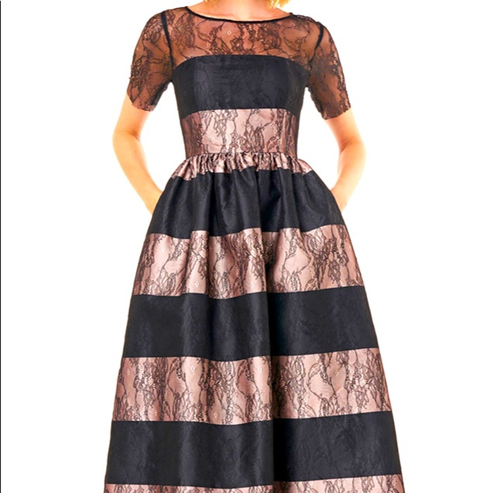KAY UNGER  Alexis Striped Short-sleeve Mikado Ball Gown W/ Lace Champagne/ Black